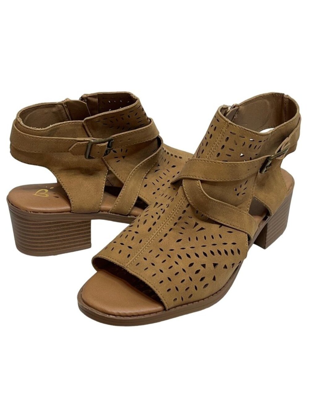 Justice Girls Tan Faux Suede Open Toe Block Heel Sandals Size 8 Kids Shoes
